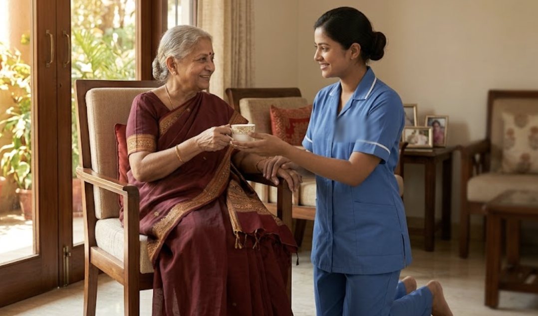 A trained caregiver sharing a warm moment with an elderly woman at home